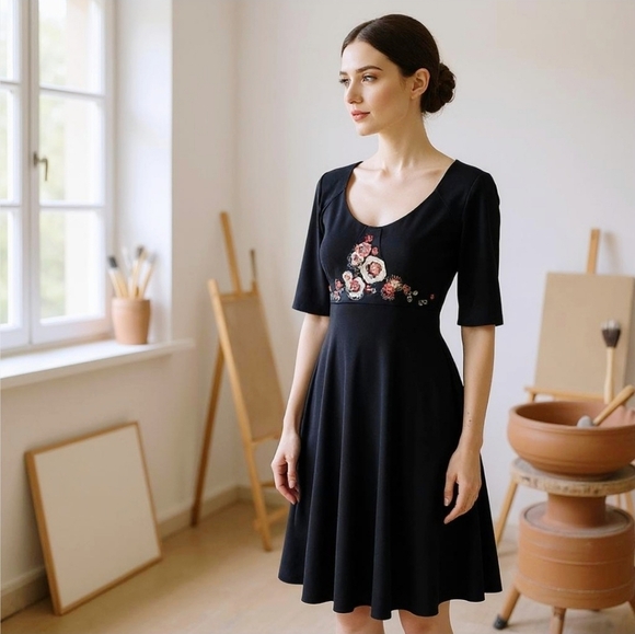 Nine West ✦ Silk Embroidered Floral Appliqué Dress ✦ Black ✦ Fitted Short Sleeve - Picture 1 of 17